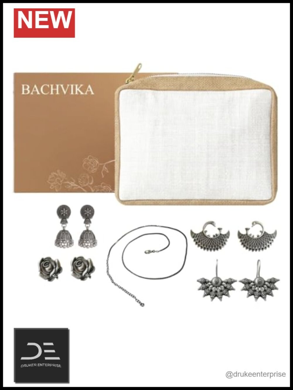Silver Tone Earrings for Women 5 Piece Set Stud & Dangle Oxidized Chain